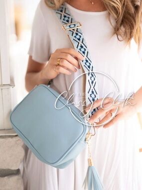 Sky Blue camera style Crossbody Bag with Patterned Strap/NWOT